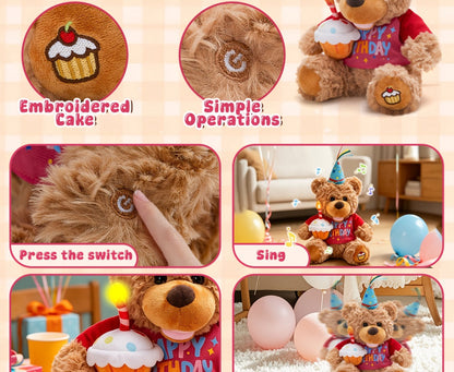 Singing Birthday Teddy Bear Plush Toy 13.5 Inch Interactive Stuffed Animal with Glowing Cupcake Candle Electric Music Bear Gift for Kids Girls Boys Baby Shower Christmas Holiday