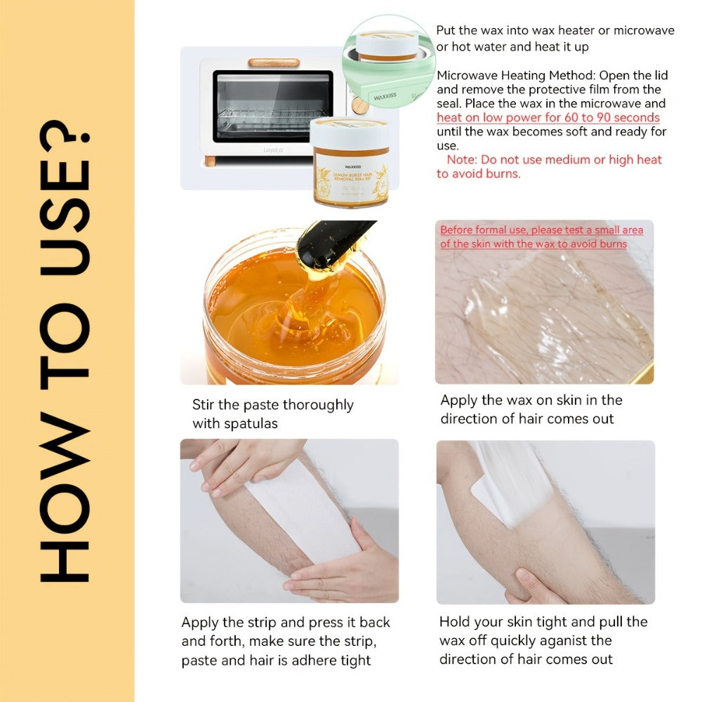 Sugar Wax Hair Removal Kit 300g - Gentle Soft Wax with Strips & Sticks for Body Hair Removal, Lemon or Activated Carbon Formula, Residue-Free At-Home Waxing for Women
