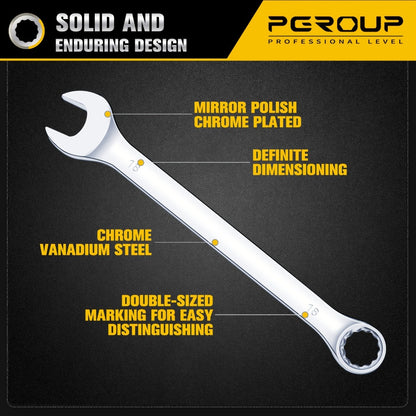 Combo Wrench Set SAE & Metric – CR-V Steel, Mirror Chrome Polished, Open & 12-Point Box Ends, Long & Short Reach, 14pc Metric (6-19mm) / 14pc SAE (1/4"-15/16") / 32pc Full Set