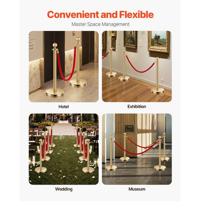 Stanchion Posts with Red Velvet Rope Set - Gold Crowd Control Barrier, 201 Stainless Steel Queue Poles with Sand-Fillable Base & 4-Way Connectors, for Wedding Event Party Museum Hotel, 4/6/8 Pcs