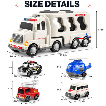 Ambulance Carrier Truck Toy Set 5-in-1 with Light & Sound for Kids Ages 3-8 – Friction Powered Rescue Vehicle Playset Fire Truck Police Car Helicopter Mini Cars Birthday Christmas Gift Boys Girls