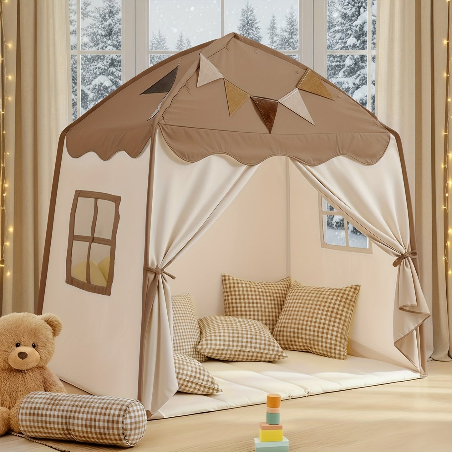 Play Tent for Kids Extra Large – Portable Foldable Teepee Indoor Outdoor Dome Playhouse with Flags, Bed Canopy Reading Nook for Boys Girls, Beige Pink Green Brown Cream 51–59 Inch
