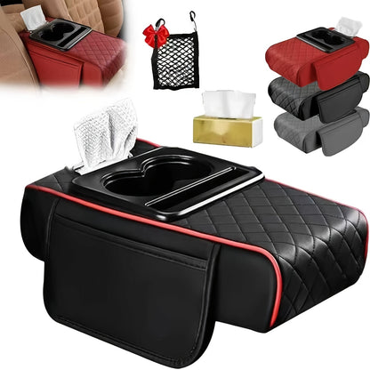 Universal Car Armrest Box Cover, PU Leather Center Console Mat with 2 Side Pockets + 2 Cup Holders + Multi-Functional Tissue Storage Space, Suitable for Phone/Water Bottle/Cards, Compatible with Most Car Models, Car Accessories, Women's Car