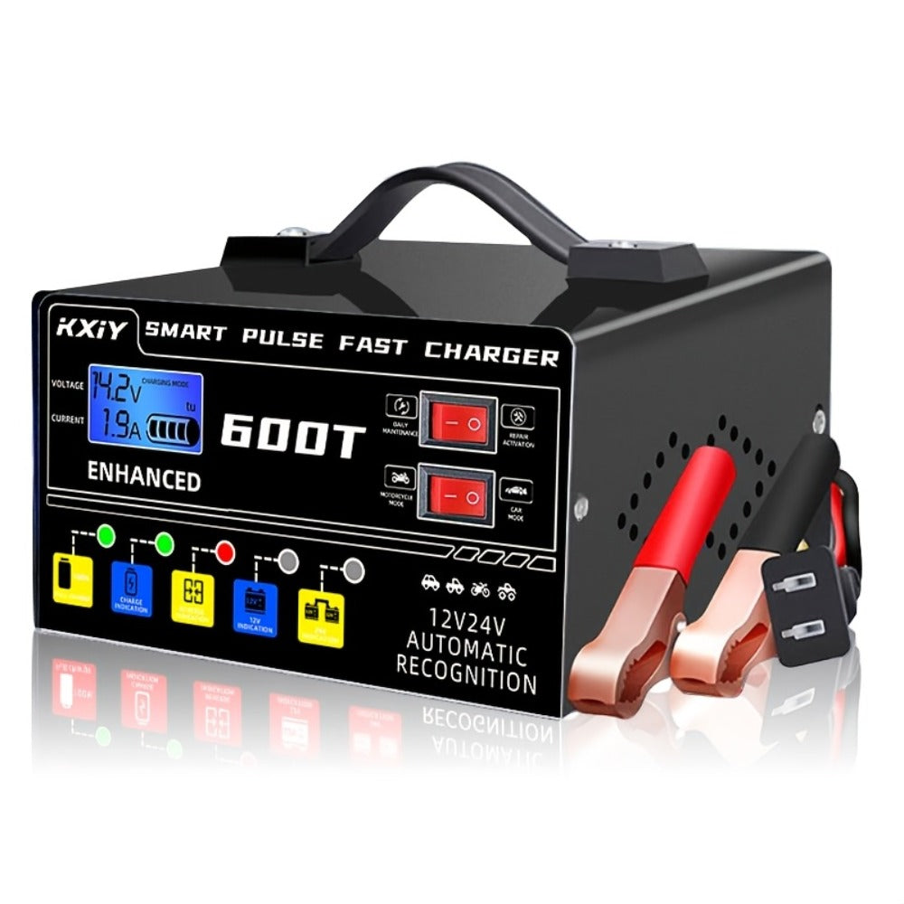 Smart Battery Charger 12V/24V with Pulse Repair & LCD Screen – Trickle Charger & Maintainer for Car, Truck, Motorcycle, Boat, Lawn Mower, Temperature Regulated