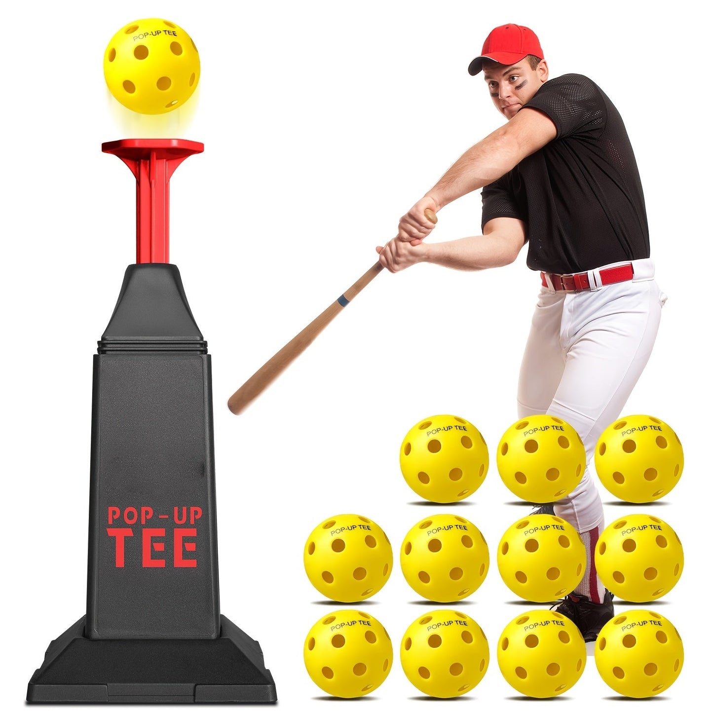 Baseball Softball Hitting Tee with Popper & 12 Mini Balls | Launches Up to 40 Inches High | No Battery Required | Kids Youth Batting Practice Training Set Black Red