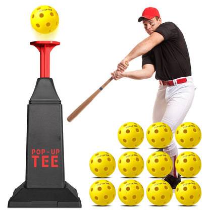 Baseball Softball Hitting Tee with Popper & 12 Mini Balls | Launches Up to 40 Inches High | No Battery Required | Kids Youth Batting Practice Training Set Black Red