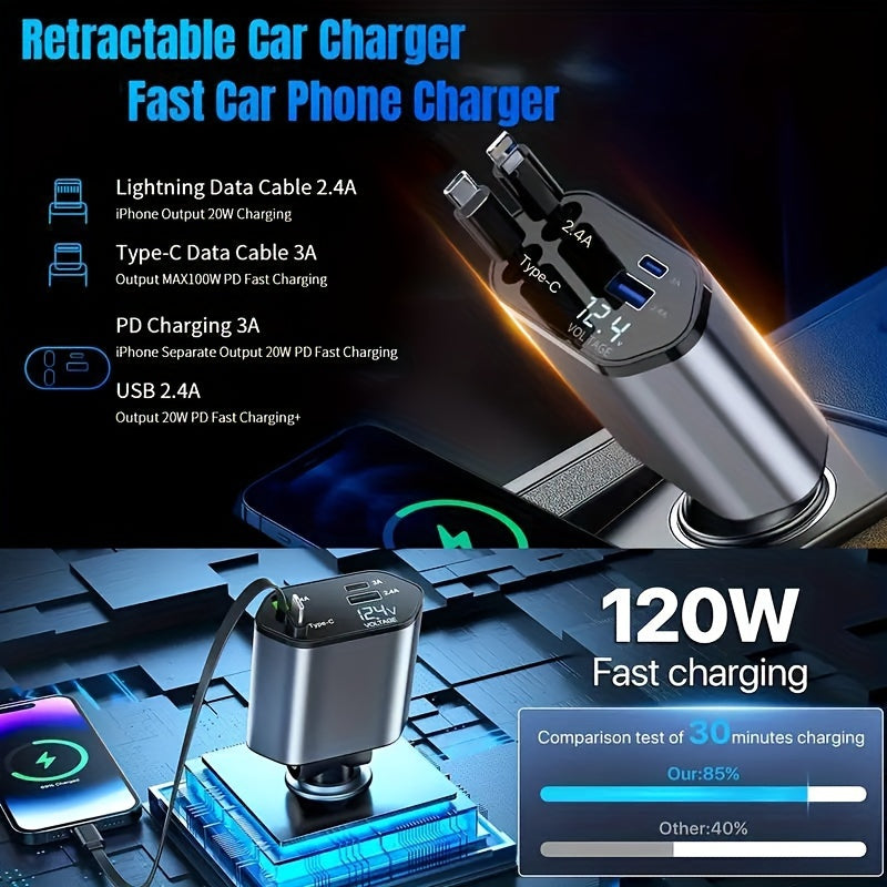 Retractable Car Charger 4in 1 Fast Car Phone Charger, Type C/IOS Car Charger Adapter with 2X Retractable Phone Charger Cables And 2X USB Ports for iPhone 15/14/13/12 Max, Samsung S24/S23, Google Smartphon