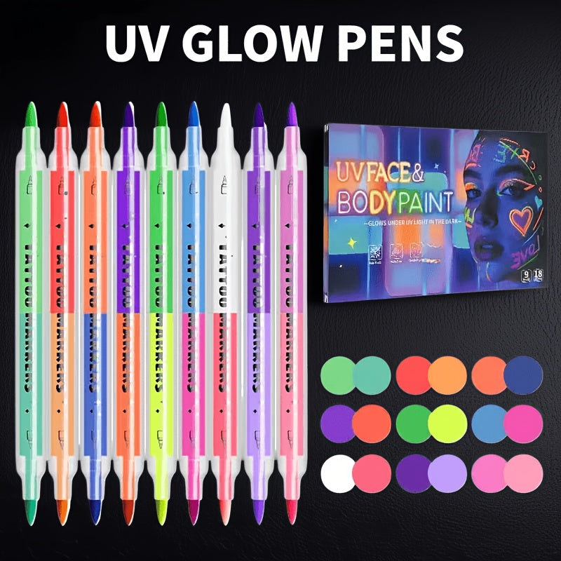 Face Body Paint Pens 18 Colors with Reusable Stencils – Washable Neon Glow in the Dark Skin-Safe Makeup Pens for Kids & Adults Parties Events Magic Shows Halloween Festivals Body Art