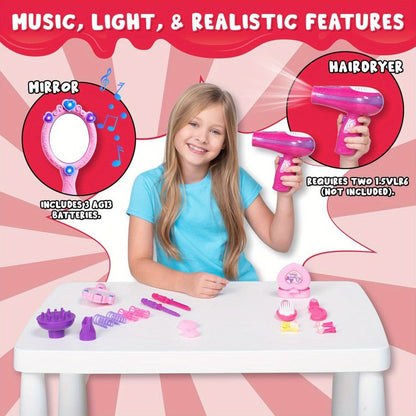 Girls Beauty Salon Toy Set 17 PCS – Pretend Play Hair Stylist Kit with Working Hairdryer Mirror Curling Wands Combs Clips & Jewelry Box | Princess Hair Dresser Toy for Girls Ages 3+ | Best Birthday Christmas Gift
