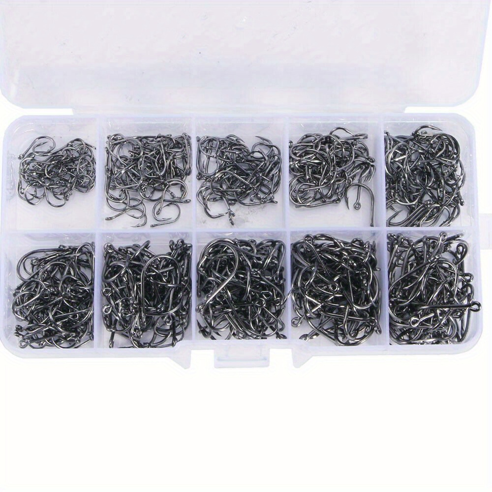 1000pcs Fishing Hooks Assorted Sizes #3-#12 Sharp Carbon Steel Fish Hooks Set with Portable Tackle Box for Sea Freshwater Bass Trout Carp Fishing Gear Kit Men Gift