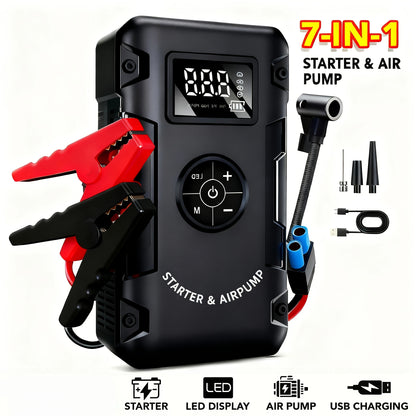 10000A 7-in-1 Multi-Function Emergency Jump Starter with Air Pump, 150PSL Car Battery Booster, Tire Inflator, Portable Vehicle Battery Charger, Suitable for 2.64-Gallon Gasoline or 2.38-Gallon Diesel Batteries, LED Emergency Light