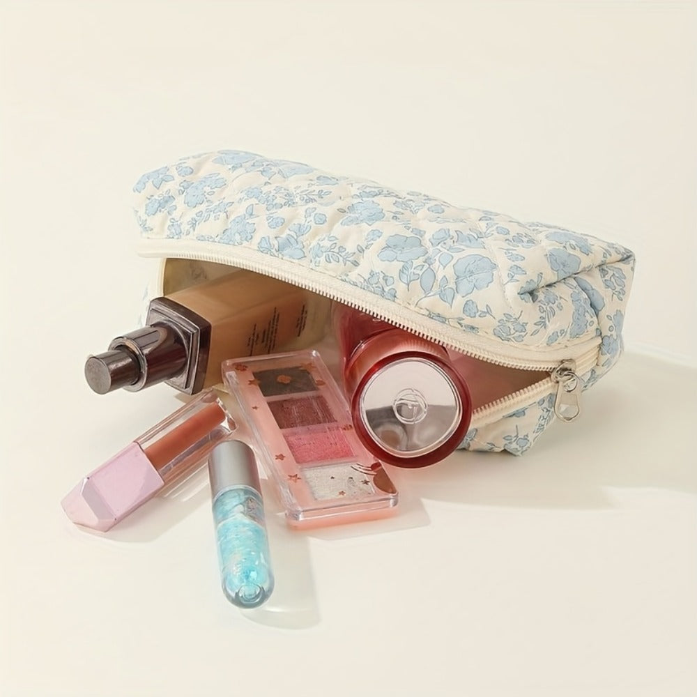 Quilted Makeup Bag Set 3 Pcs Floral Pattern Large Capacity Travel Cosmetic Organizer with Gold Zipper — Polyester Skincare Toiletry Pouch Blue Pink Peacock for Women