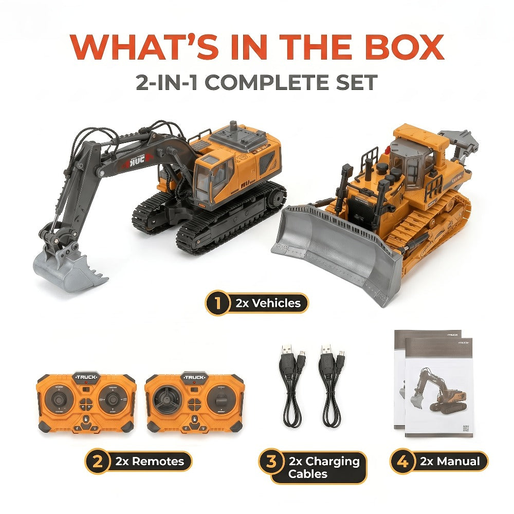 RC Engineering Vehicle Set 11-Channel 2.4GHz – 2-in-1 & 4-in-1 Remote Control Excavator Dump Truck Bulldozer, Alloy Construction Toy Fleet for Kids Boys, Best Birthday Christmas Gift Ages 6+