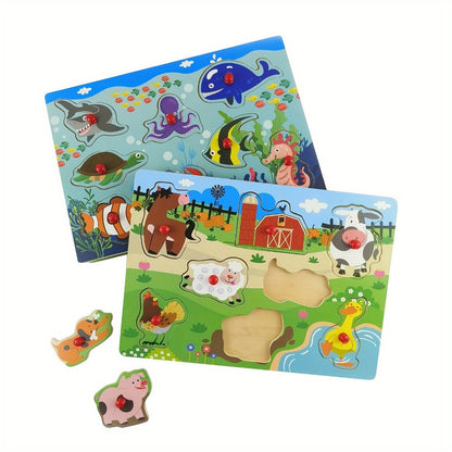 Wooden Peg Puzzles for Toddlers Set of 4 – 32 Piece Knob Puzzle Bundle Farm Zoo Christmas Halloween Themes, Montessori Educational Gift for Kids Age 1 2 3 Boys Girls