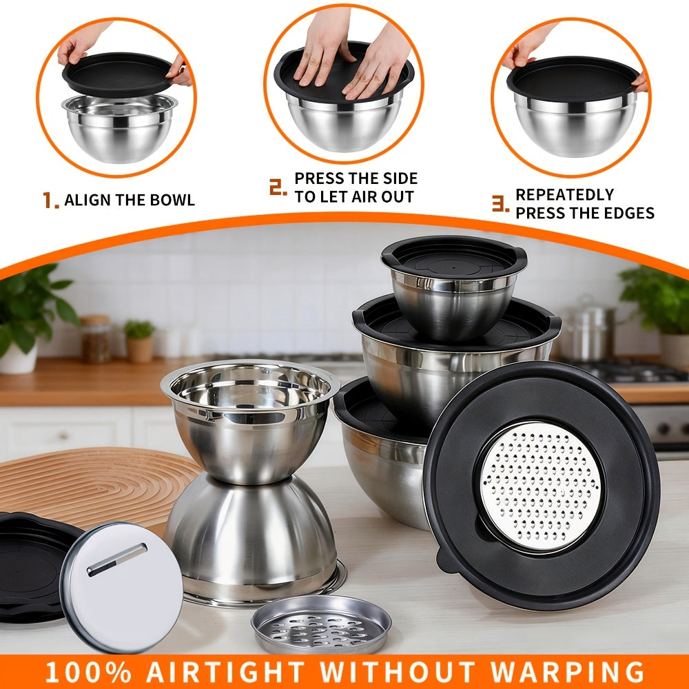 Stainless Steel Mixing Bowl Set 26pcs with Sealed Lids – 6 Bowls (0.7–3.6 Qt), 2 Colanders & 3 Sharpening Tools – Nesting Kitchen Bowls for Baking, Salad, Mixing, Storage & Camping