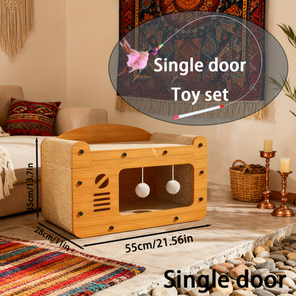 Cat Scratcher House Cardboard Cat Bed with Feather Wand Toy – Indoor Outdoor Cat Hideout for Scratching, Hiding & Resting, Ventilated Cat House with Plush Ball Toys, Multiple Sizes