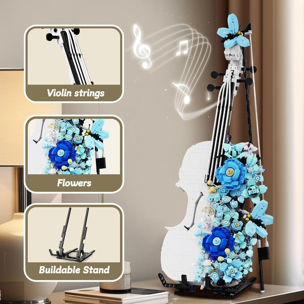 Flower Violin Building Block Set 1419pcs – 3D Musical Instrument Brick Model for Adults & Teens, Elegant Home Office Decor Display, Unique Birthday Father's Day Christmas Gift for Music Lovers
