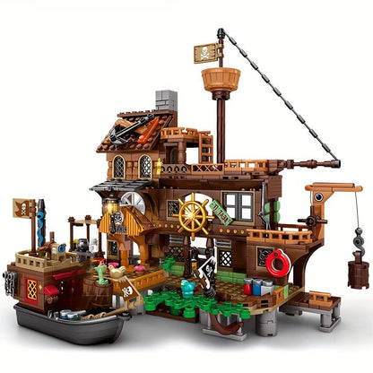 Pirate Ship Building Blocks Set 573 Pieces – Pirate's Wharf Supply Center Brick Toy, LEGO-Compatible Adventure Build for Kids & Adults, Birthday Gift for Boys Who Love Pirates & Ships