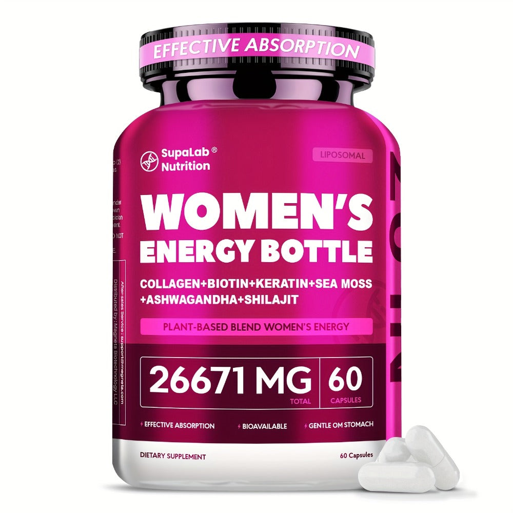 Women's Multivitamin 20-in-1 with Sea Moss, Shilajit & Ashwagandha — Daily Energy, Hormonal Balance, Immune Support, Hair Skin Nails & Sleep, 60 Capsules 26671mg Per Serving for Women