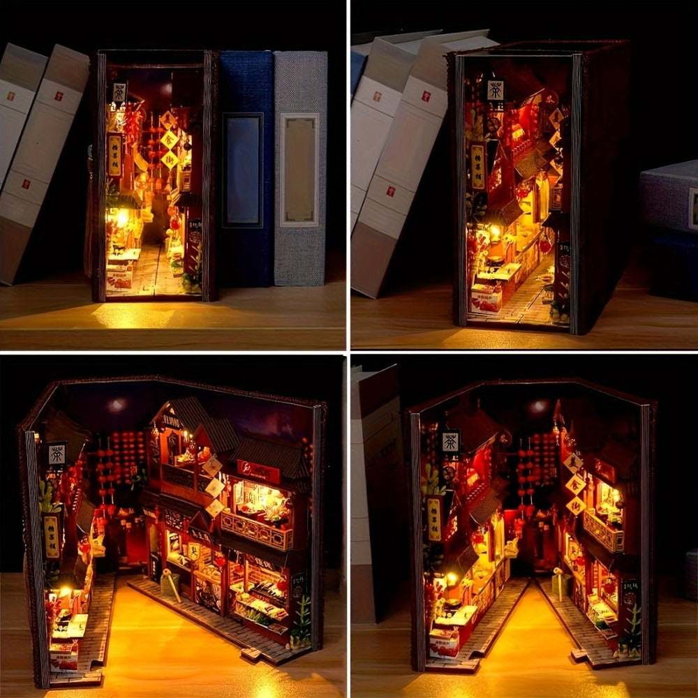 Book Nook Kit Chinese Food Street Miniature Dollhouse 3D Wooden Puzzle Bookshelf Insert DIY Model Building Set for Adults Teens – No Glue Needed Birthday Christmas Housewarming Gift