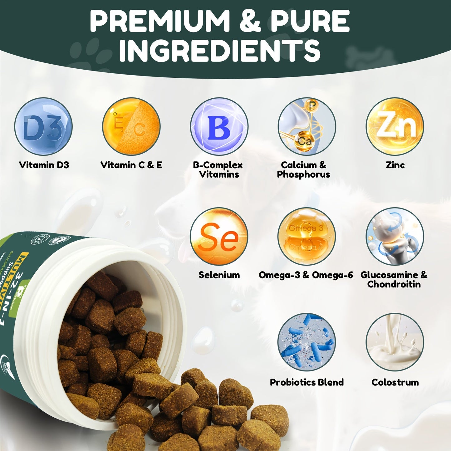 Dog Multivitamin Chews with Glucosamine & MSM, Omega 3 & 6, Probiotics - All-in-One Dog Vitamins & Supplements for Overall Health, 120 Soft Chews, 8.47oz, All Breeds