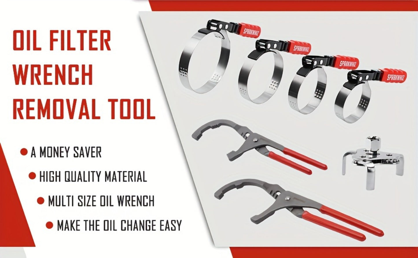 Oil Filter Removal Tool Kit 7-Piece Adjustable 3-Jaw Wrench 9" 12" Oil Filter Pliers Anti-Slip PVC Handle Fits 2-3/4" to 5-1/4" Filters with Funnel