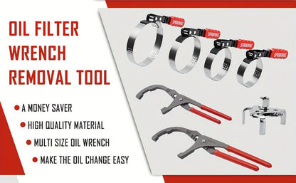 Oil Filter Removal Tool Kit 7-Piece Adjustable 3-Jaw Wrench 9" 12" Oil Filter Pliers Anti-Slip PVC Handle Fits 2-3/4" to 5-1/4" Filters with Funnel
