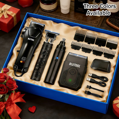 Hair Clipper & Trimmer Set 4-Piece for Men — Professional Barber Kit with Nose Trimmer, Detail Trimmer, Guide Comb, LED Display & USB Rechargeable, Home & Travel Grooming Gift
