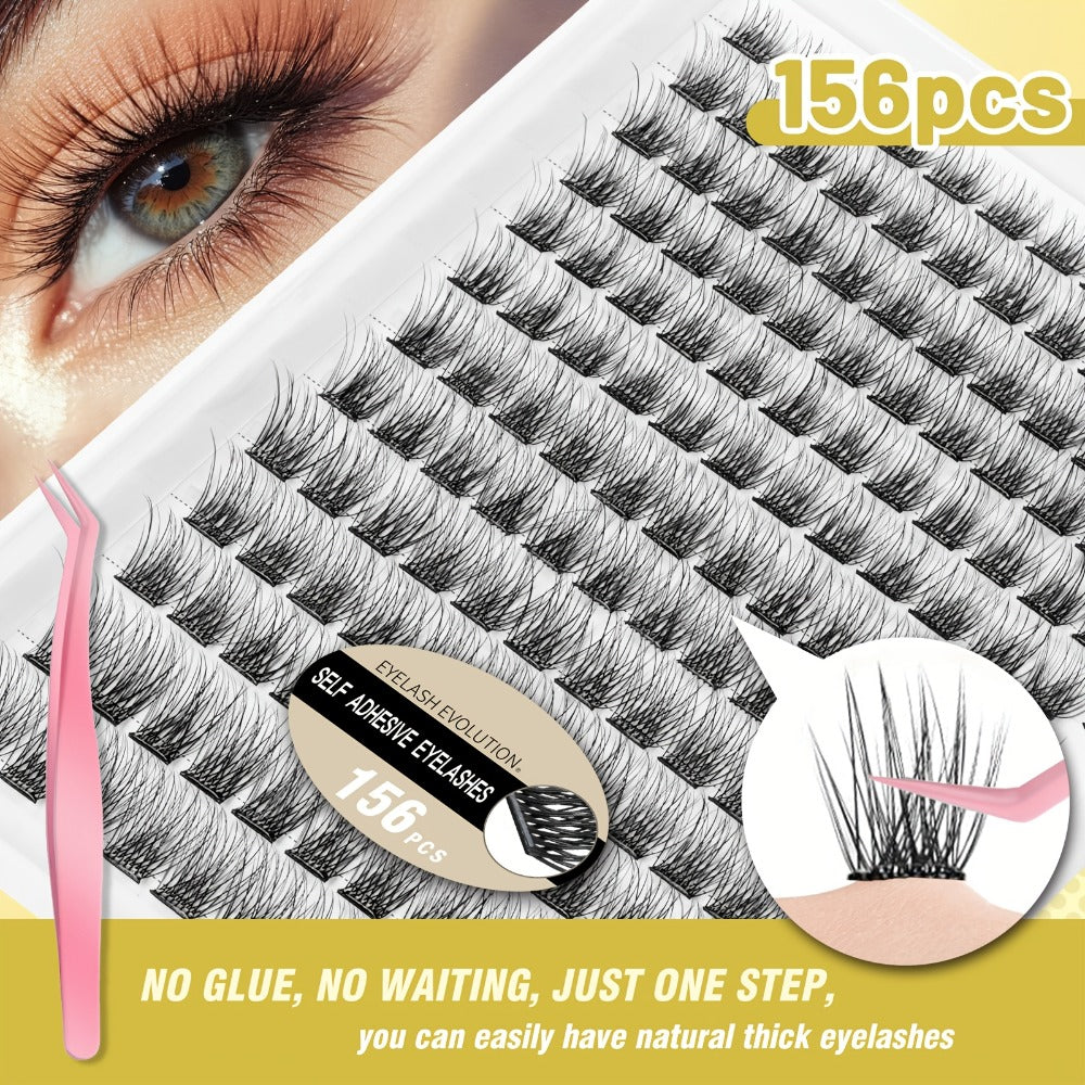 156Pcs No-Glue Lash Clusters Kit — Self-Adhesive Pre-Glued DIY Eyelashes with 2 Tweezers, Reusable Natural Look Cluster Lashes, No Remover No Residue False Eyelash Extension Kit for Women Beginners