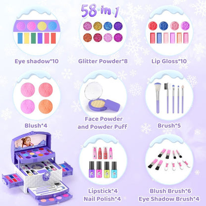 Princess Makeup Set for Girls Ages 3-12 – 58 PCS Non-Toxic Washable Pretend Play Makeup Kit with Brushes & Case | Skin-Friendly Beauty Toy | Best Birthday Christmas Gift for Little Girls