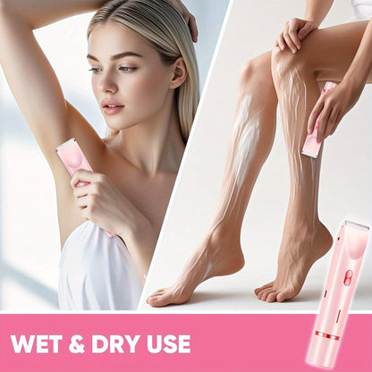 Electric Hair Removal Shaver Women 2-in-1 Dual Head USB Rechargeable - Stainless Steel Blades Cordless Epilator for Face Legs Bikini Line Underarms Intimate Areas - Pink Purple Blue