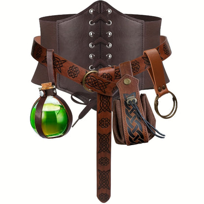 Medieval Costume Accessories Set 5-Piece – Corset Belt, Renaissance Belt Bag, Cork Potion Bottle & More for Halloween, Renaissance Faire, LARP & Cosplay, Unisex Adult Outfit Kit, Black & Brown