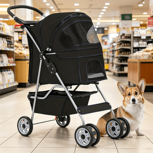 4-Wheel Pet Stroller with Cup Holder & Storage Basket | Portable Breathable Cat Dog Stroller, Smooth-Rolling Outdoor Pram for Small Medium Pets, Foldable Travel Jogger with Canopy, 5 Colors