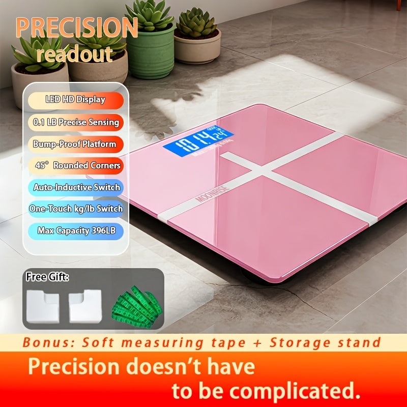 Digital Bathroom Scale with LCD Temperature Display – 396 lb High-Precision Weight Scale, KG/Pounds Switchable, Wide Non-Slip Platform, Available with HD LED Upgrade, Waist Strap & Storage Rack