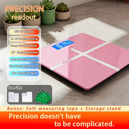 Digital Bathroom Scale with LCD Temperature Display – 396 lb High-Precision Weight Scale, KG/Pounds Switchable, Wide Non-Slip Platform, Available with HD LED Upgrade, Waist Strap & Storage Rack