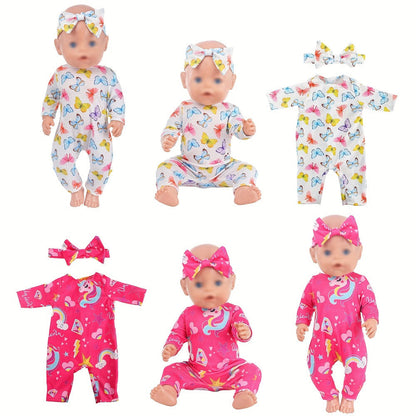 5-Pack Baby Doll Outfits Romper Clothes Set with Headbands for 14-16 Inch 43cm Newborn Dolls Girls Gift Ages 3+ Butterfly Unicorn Rainbow Bunny Flamingo Soft Fabric Dress Up (No Doll)