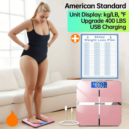 USB Rechargeable Bathroom Scale 400lb – Smart Digital Body Weight Scale, HD LCD & Fahrenheit Temperature Display, kg/lb Switch, Ultra-Wide Platform, USB Charging or Battery Powered, Black & Pink