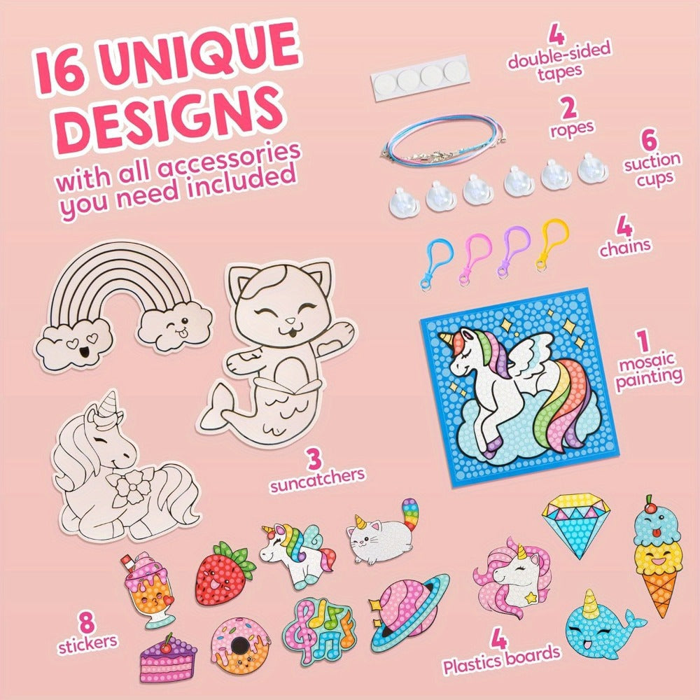 Diamond Gem Painting Kit for Girls Ages 6+ 16 Projects – 5D Gem Art Set with 2800+ Gems Unicorn Suncatchers Keychains Necklaces Stickers, All-in-One Arts Crafts Birthday Christmas Gift