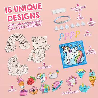 Diamond Gem Painting Kit for Girls Ages 6+ 16 Projects – 5D Gem Art Set with 2800+ Gems Unicorn Suncatchers Keychains Necklaces Stickers, All-in-One Arts Crafts Birthday Christmas Gift