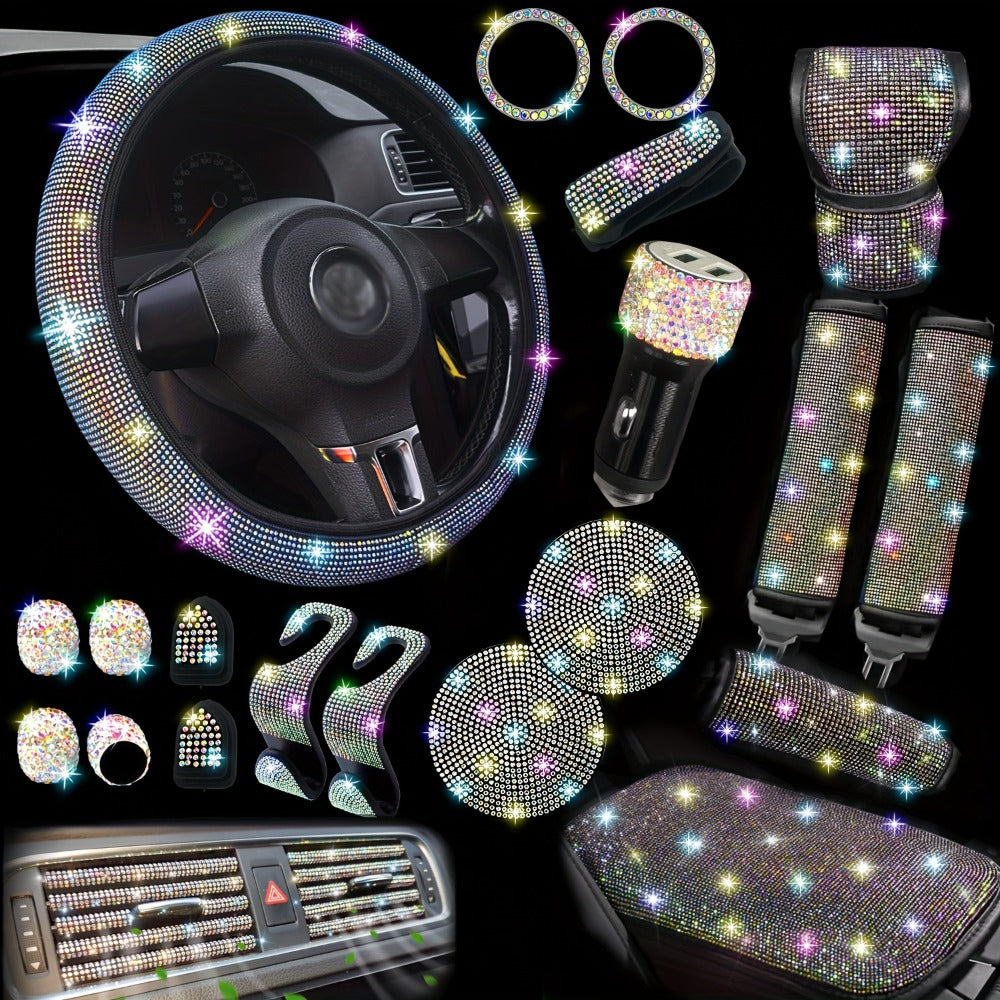 Bling Car Interior Accessories Set for Women 30-Piece – Steering Wheel Cover Universal 15 Inch, Seat Belt Covers, Armrest Cover & Gear Shift Cover, Woven Glitter Car Décor Kit