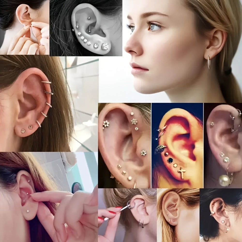 Disposable Ear Piercing Gun Set 8pcs - Stainless Steel Ear Stud Piercing Tool Kit, Safe Portable Self-Piercing Device with Hypoallergenic Earrings for Home Use, Silver & Gold