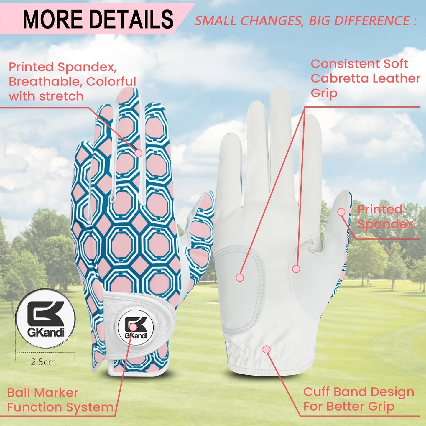 Women's Golf Gloves Left Hand with Ball Marker – All-Weather Grip Leather Golf Glove for Ladies Right-Handed Golfers, Colorful Design, Sizes S M L – Pink & Blue