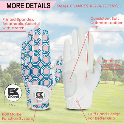 Women's Golf Gloves Left Hand with Ball Marker – All-Weather Grip Leather Golf Glove for Ladies Right-Handed Golfers, Colorful Design, Sizes S M L – Pink & Blue