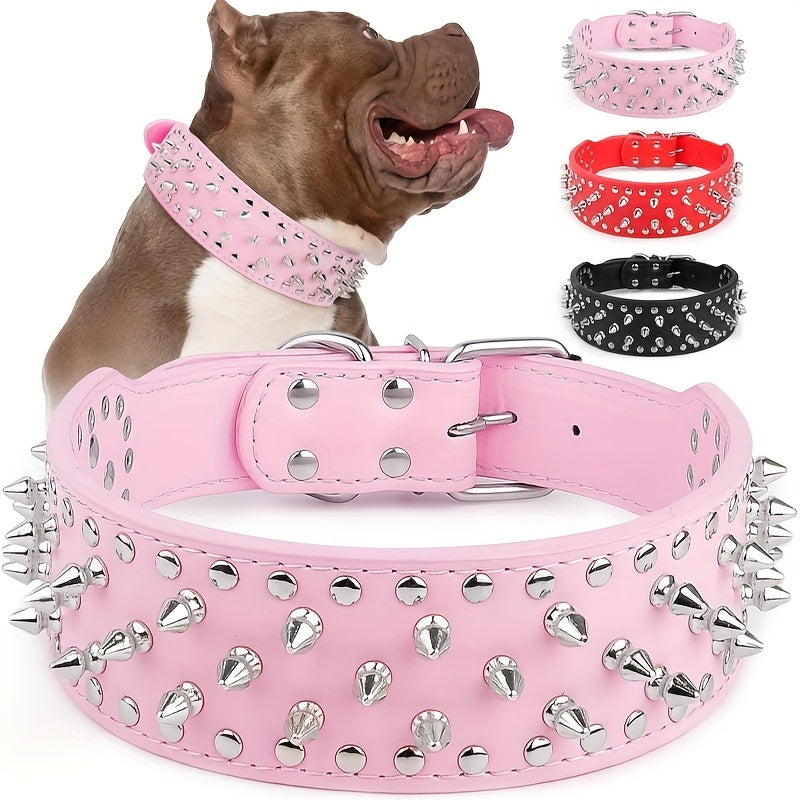 Spiked Dog Collar Faux Leather Mushroom Rivet Studded Adjustable Wide Punk Style for Pitbull Mastiff Bulldog Husky Rottweiler Medium Large Dogs M L 6 Colors