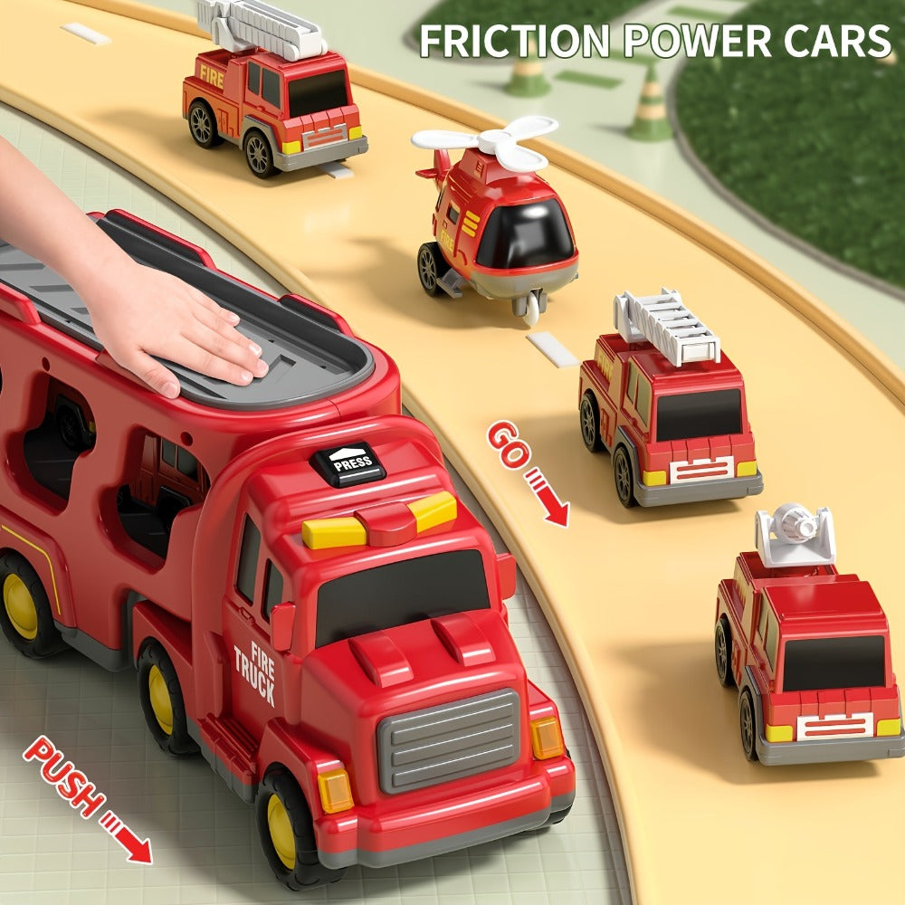 5-in-1 Fire Truck Playset for Kids 3-9, Friction Powered Interchangeable Rescue Vehicles Set with Carrier Truck, Red Plastic Toy Cars for Boys and Girls, Birthday Christmas Gift