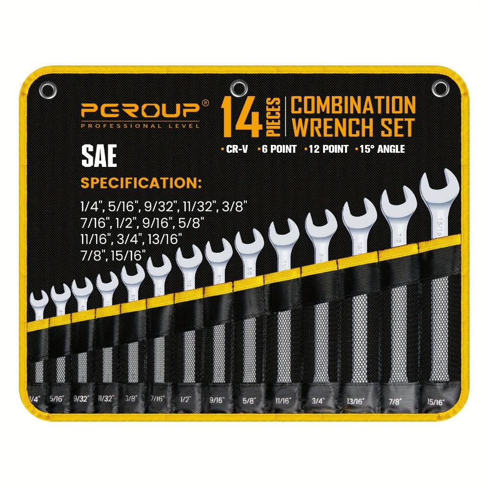 Combo Wrench Set SAE & Metric – CR-V Steel, Mirror Chrome Polished, Open & 12-Point Box Ends, Long & Short Reach, 14pc Metric (6-19mm) / 14pc SAE (1/4"-15/16") / 32pc Full Set