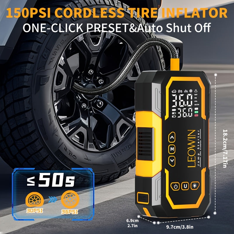 Portable Car Battery Jump Starter with Air Compressor, 12V Battery Booster Pack (9.0 Gas/1.72gal Diesel) with 150PSI Auto-Shutoff Tire Inflator, Jump Box with Smart Clamps, Jumper Cables, USB Input/output, LED Emergency, Car Accessories Tools