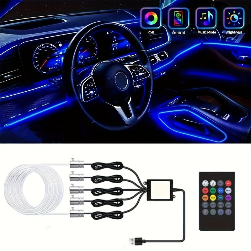 LED Interior Ambient Light Strips with USB, Fiber Optic Illumination for Dashboard and Control Panel, Remote Control, Music Sync - 5V Operating Voltage, LED Light Source, No Battery Required