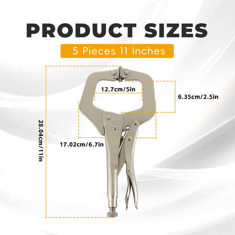 Locking C Clamp Set 5-Piece 11-Inch – Adjustable Vise Grip Pliers with Swivel Pad Jaws, Heat-Treated Alloy Steel, for Woodworking, Welding, Automotive & Shop Use