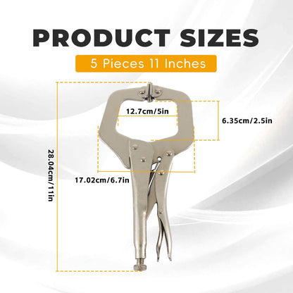 Locking C Clamp Set 5-Piece 11-Inch – Adjustable Vise Grip Pliers with Swivel Pad Jaws, Heat-Treated Alloy Steel, for Woodworking, Welding, Automotive & Shop Use